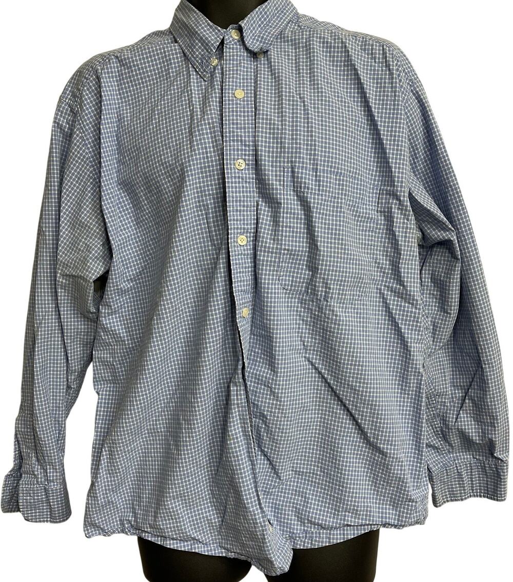 Vintage Eddie Bauer Men Shirt Size L Blue White Checker Button Up Cotton Preppy